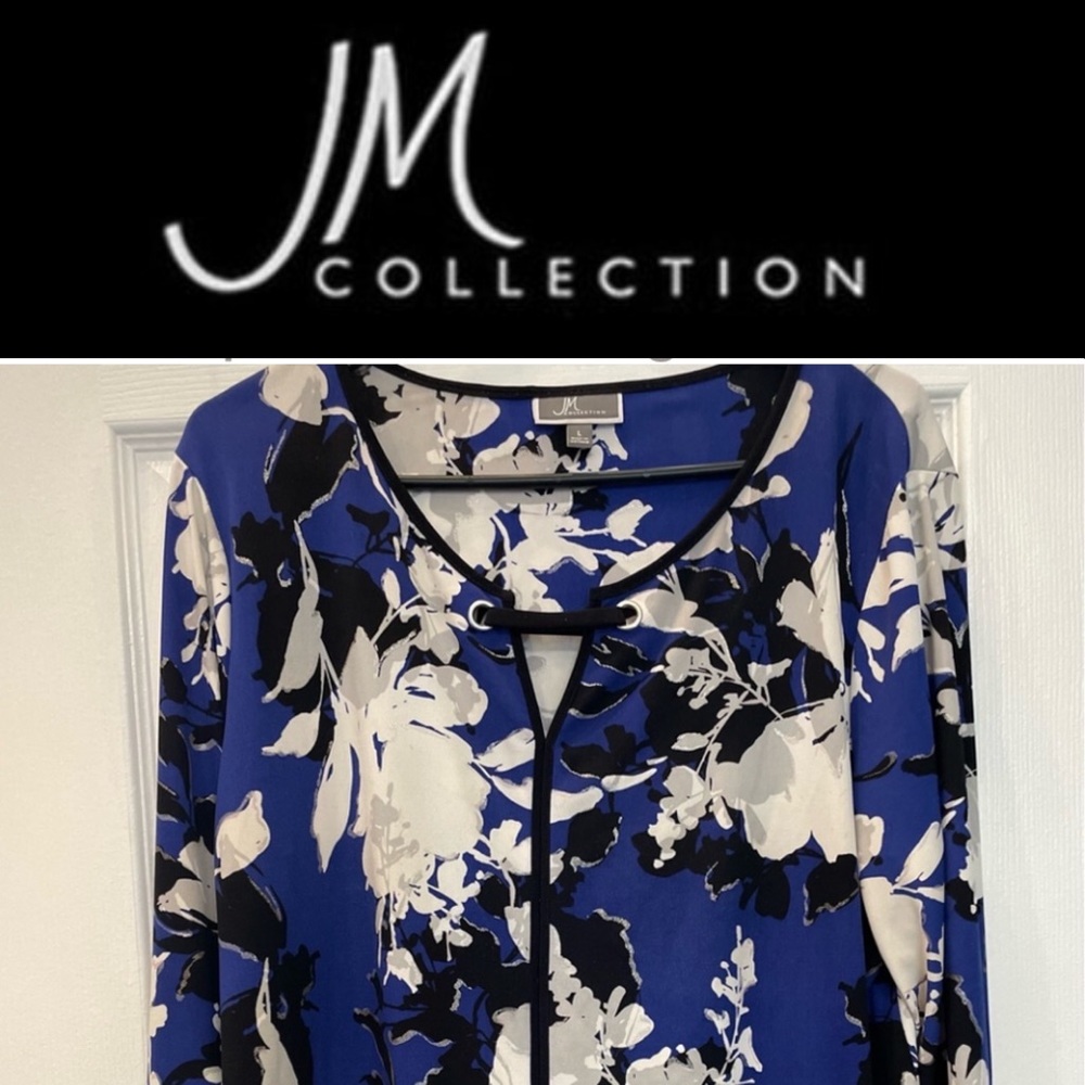 JM Collection Blue Floral Bell Sleeve Blouse